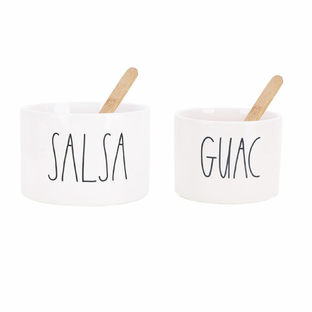 Rae Dunn White Salsa and Guac Bowls with Wooden Spoons